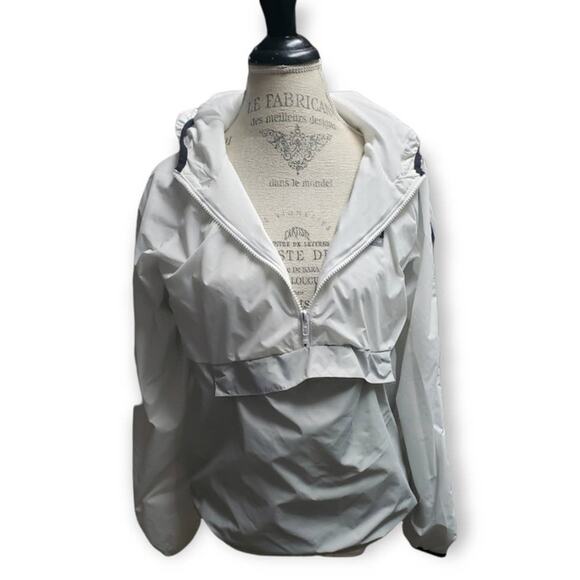 Victoria Secret PINK White / Gray Hooded Windbreaker Jacket Kangaroo Pocket - Picture 2 of 12